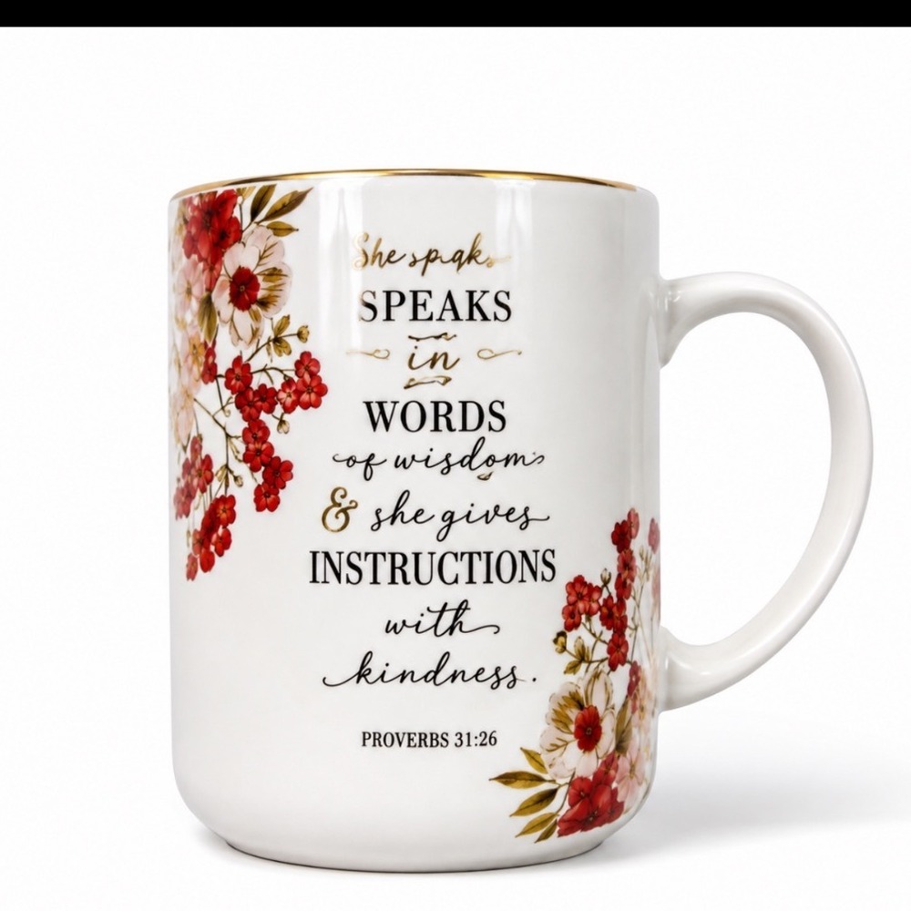 Christian Art Gifts Proverbs 31:26 Floral Ceramic Coffee Mug Gold Rim White Red
